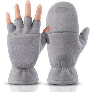 Gloves Fingerless Convertible Mitten Thermal Polar Fleece Insulated Lining Grey